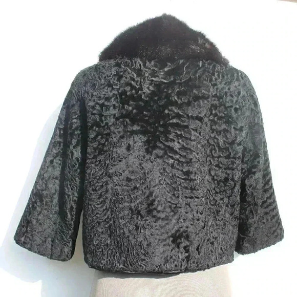 VTG RETRO 1970s Black Retro Swirl  Short Waisted Cocktail Fur Collar Coat Jacket - Picture 7 of 10